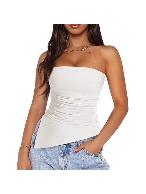 Strapless Ruched Asymmetrical Bandeau Tube Top for Women Side Slit Off Shoulder Fitted Tanks Top Going Out Bustier