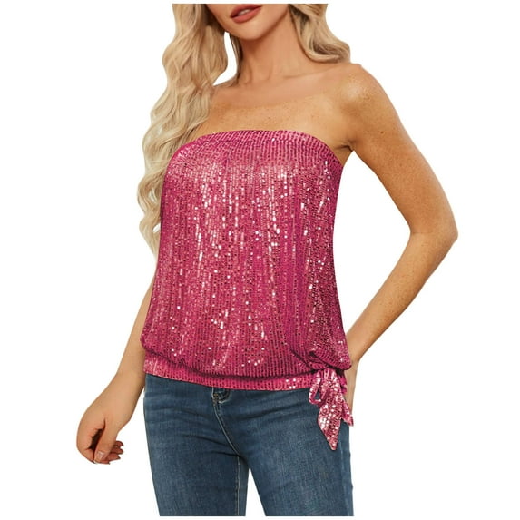 Strapless Sequin Tops for Women Side Tie Knot Loose Fit Sparkly Tube Top Party Clubwear Fashion Blouses (X-Large, Hot Pink)