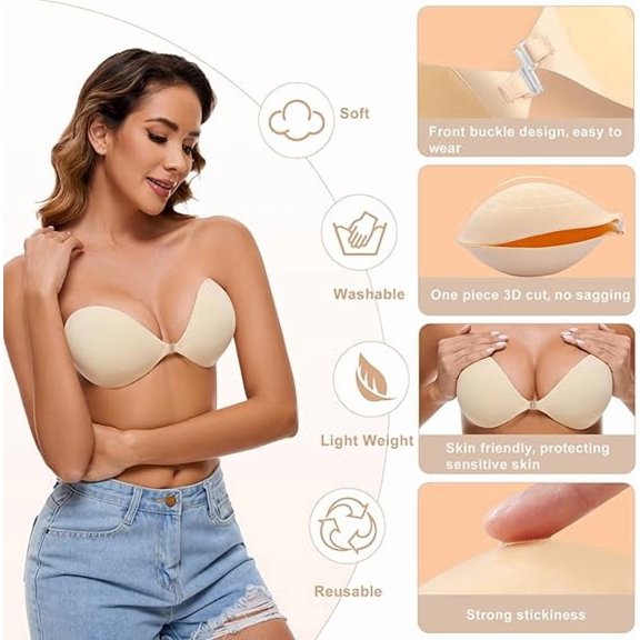Strapless Sticky Bra Invisible Sticky Boobs Silicone Adhesive Bra Backless Pushup Lift Bra Beige