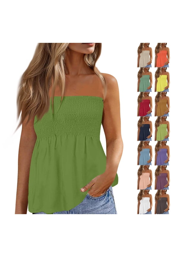 Strapless Tops for Women Summer Floral Tube Tops Casual Backless Top Sleeveless Bandeau Tanks Shirt Green L
