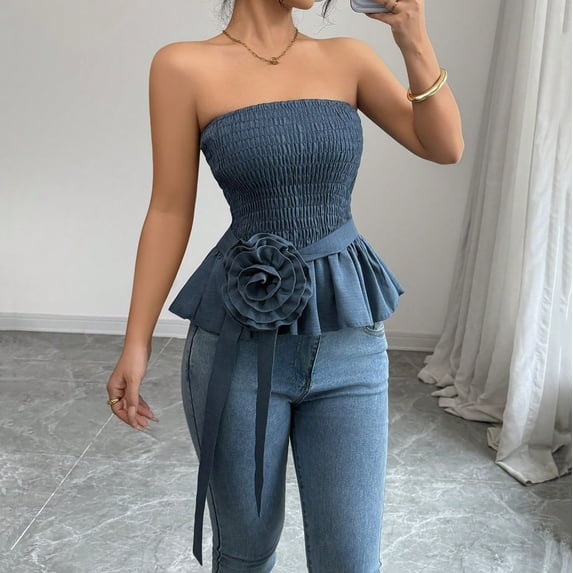 Strapless Tops for Women Summer Tube Tops Smocked Tops Women Strapless Blouses for Women Women's French Fashion Solid Color Strapless Blouse Tops