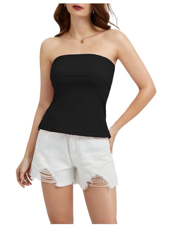 Strapless Tube Tops for Women Backless Bandeau Top Off Shoulder Side Split Summer Bustier Tops Black XL