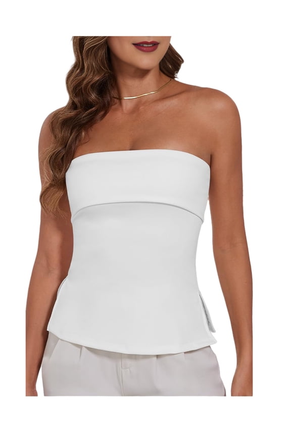 Strapless Tube Tops for Women Backless Bandeau Top Off Shoulder Side Split Summer Bustier Tops White S