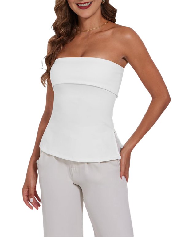 Strapless Tube Tops for Women Backless Bandeau Top Off Shoulder Side Split Summer Bustier Tops White XS