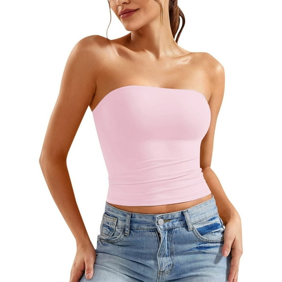 Strapless Tube Tops for Women Basic Backless Sleeveless Bandeau Going Out Crop Tops Cute 2025 Summer Clothes Pink S