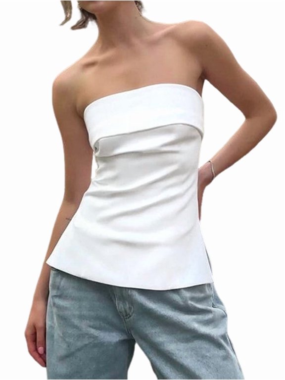 Strapless Tube Tops for Women Going Out Bandeau Top Off Shoulder Side Split Summer Bustier Tops White M