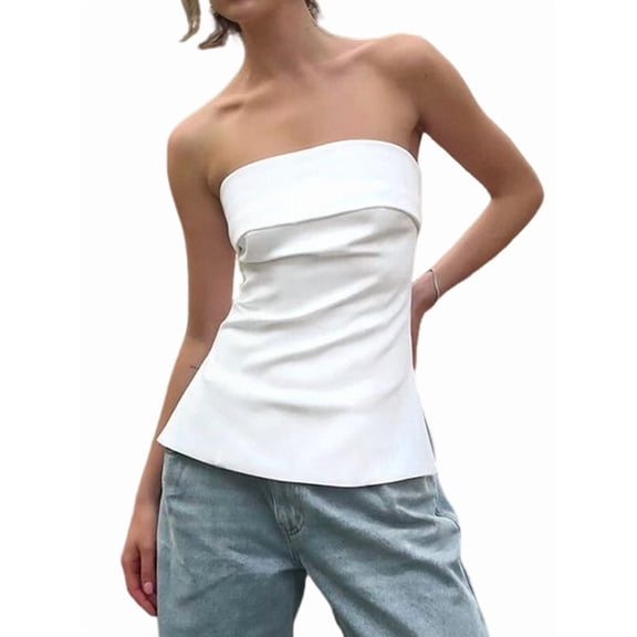 Strapless Tube Tops for Women Going Out Bandeau Top Off Shoulder Side Split Summer Bustier Tops White S