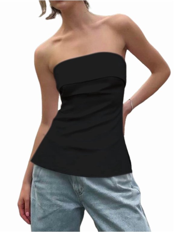 Strapless Tube Tops for Women Going Out Bandeau Top Off Shoulder Side Split Summer Bustier Tops