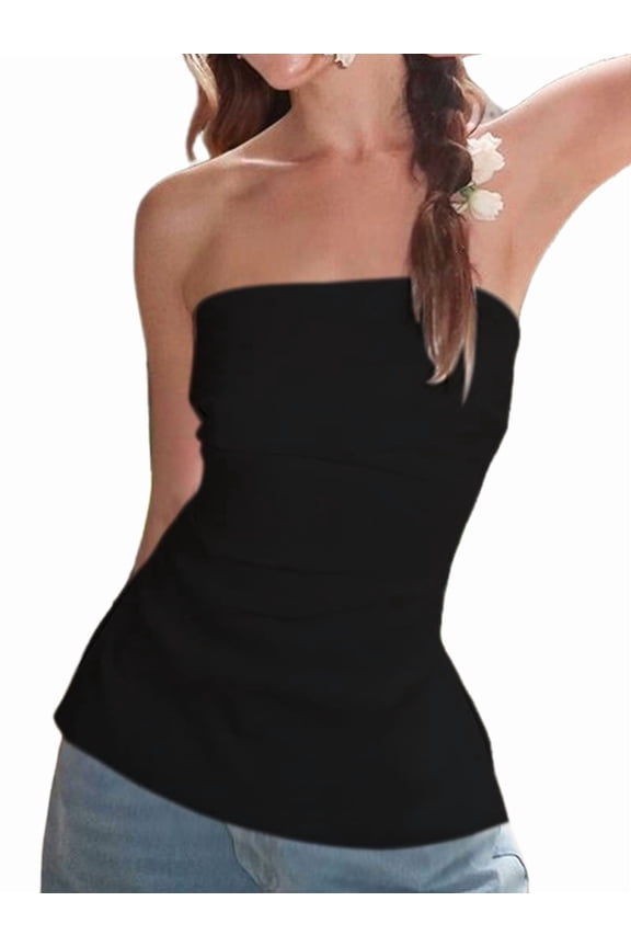 Strapless Tube Tops for Women Going Out Bandeau Top Off Shoulder Side Split Summer Bustier Tops