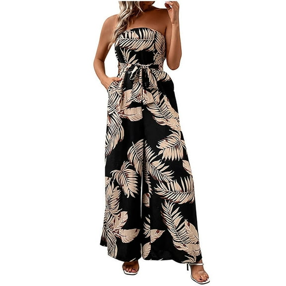 Strapless Tube Womens Jumpsuits off Shoulder High Waist Wide Leg Romper for Women Belted Dressy Casual Office Outfits, Black, L