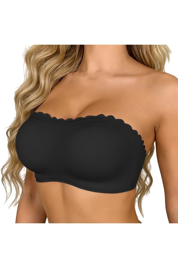 Strapless Wireless Bra for Women Scalloped Full Coverage Bandeau Comfortable Everyday Non-Wired Bra for Large Busts Unlined Bandeau for Natural Shape, Wireless Pull-On Bra