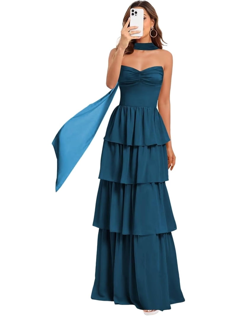 blue bridesmaid dress with scarf StraplessTiered Chiffon Aline Formal Evening Dresses Ruffles ZU145 __color_black:s23032_black