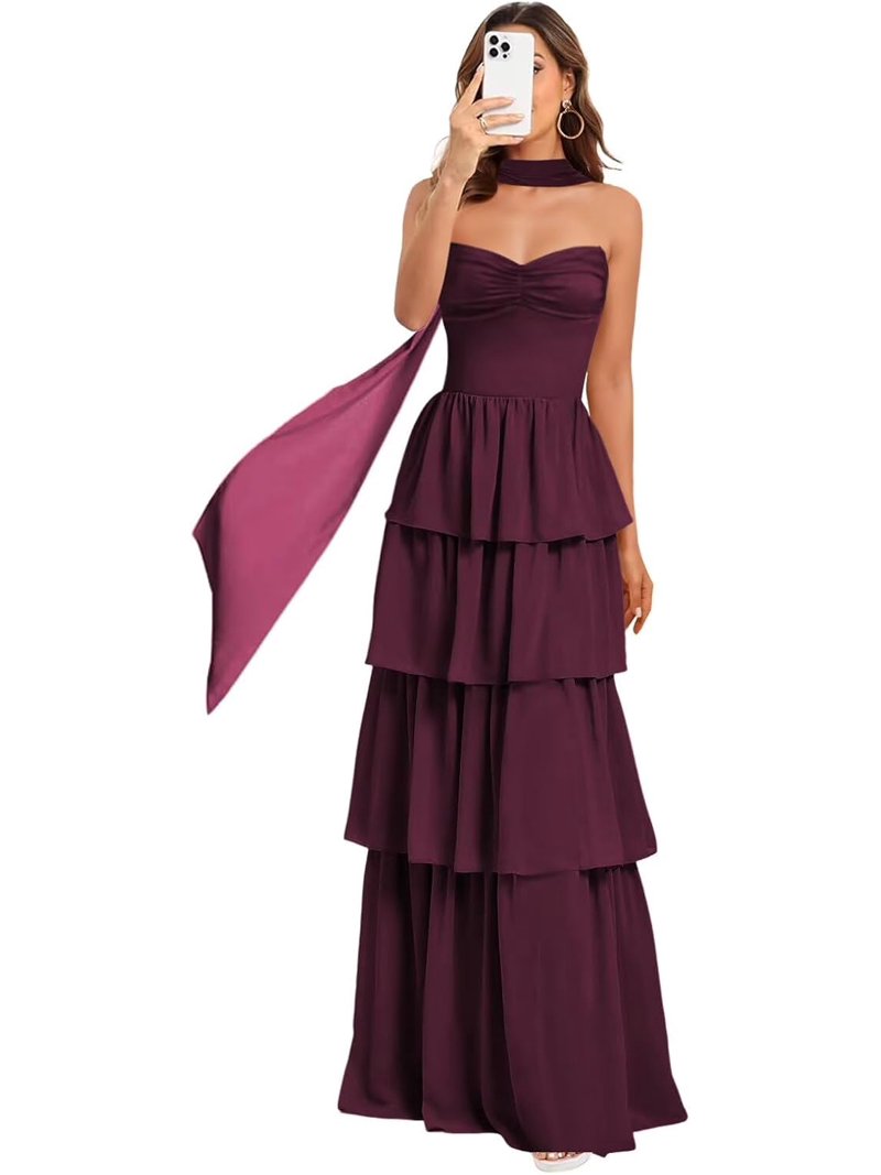 StraplessTiered Chiffon Bridesmaid Dress Scarf Aline Formal Evening Dresses with Ruffles ZU145