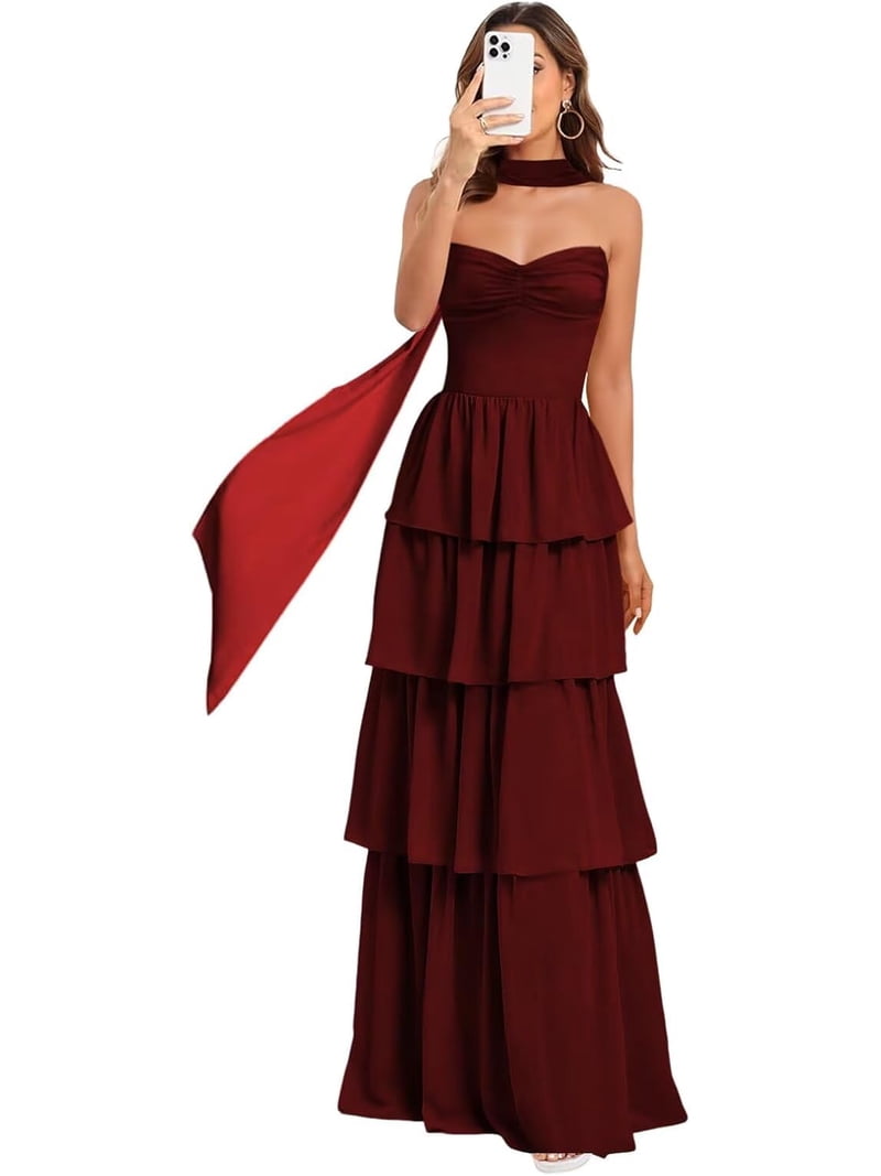 StraplessTiered Chiffon Bridesmaid Dress Scarf Aline Formal Evening Dresses with Ruffles ZU145