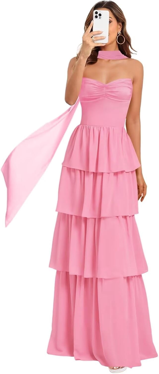 StraplessTiered Chiffon Bridesmaid Dress Scarf Aline Formal Evening Dresses with Ruffles ZU145