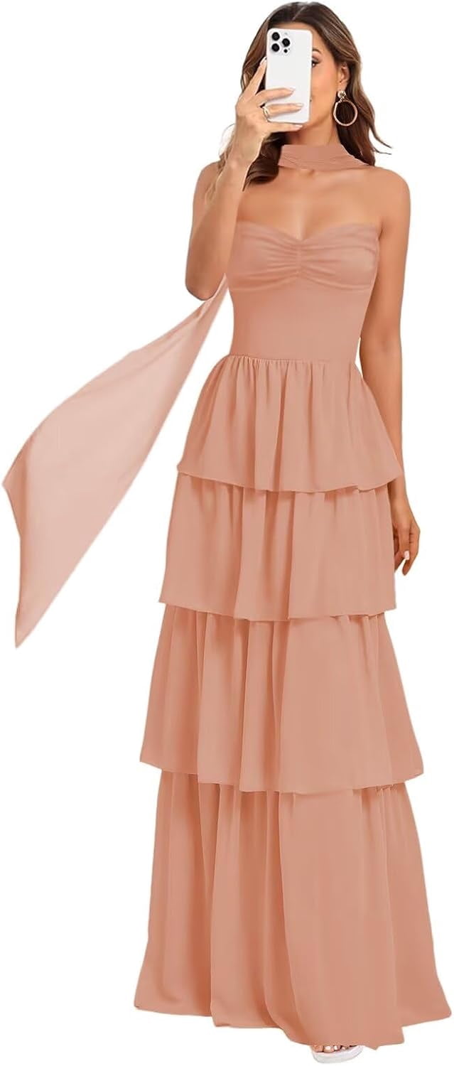 bridesmaid dress with scarf StraplessTiered Chiffon Aline Formal Evening Dresses Ruffles ZU145 Color:Navy White Dot Womens-New-Febuary-2020 Long Sleeve Eleanor Striped Prom dress This timeless piece strikes