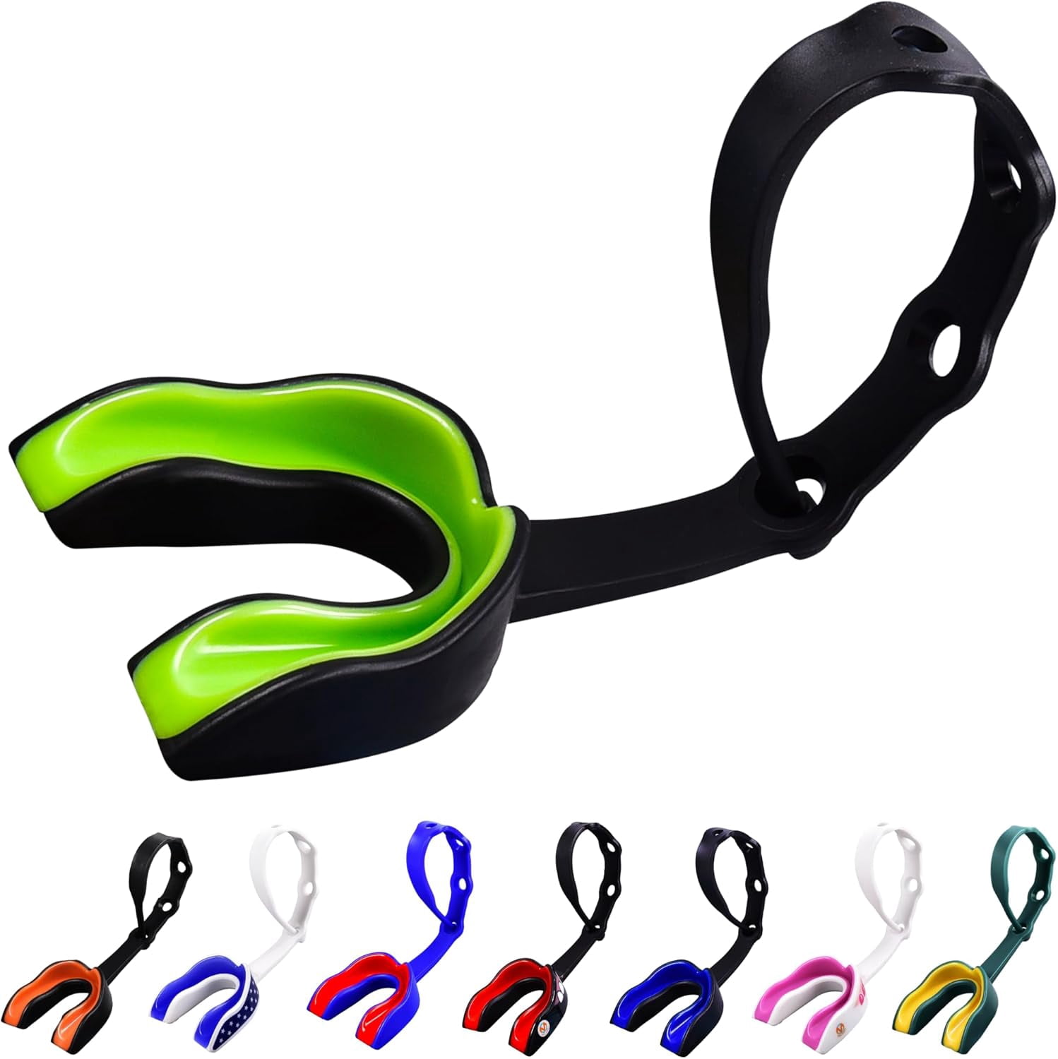 Strapped Mouth Guard for Football, Lacrosse, Ice Hockey, Taekwondo (USA Flag, Fangs, 15+ Colors to Choose from) - Sports Mouthguard with Fixed Strap (Strapped, Youth or Adult)