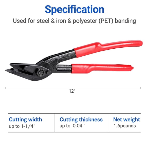 Strapping Cutter with Wide Blade - 12" Banding Cutter for Steel & Iron & PET Strapping Banding up to 1-1/4" Width and 0.04" Thickness, Chrome-Vanadium Steel, Heavy Duty Metal Banding Tool