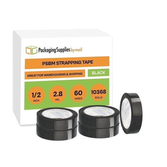 PSBM Black Strapping Tape, 1/2" x 60 Yds, 2.8 Mil, 10368 Rolls, Black Reliable Tape for Shipping & Palletizing