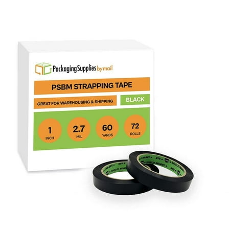 PSBM Black Strapping Tape 1" x 60 Yds Black 2.7 Mil 72 Rolls Heavy Duty for Reinforcing and Shipping