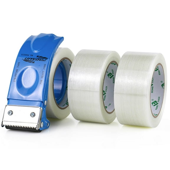 Strapping Tape 2Inch with Dispenser, Mono Fiberglass Reinforced Packing Tape with String for Shipping, 3Rolls x 5.5Mil x 35Yds, Total 105Yds