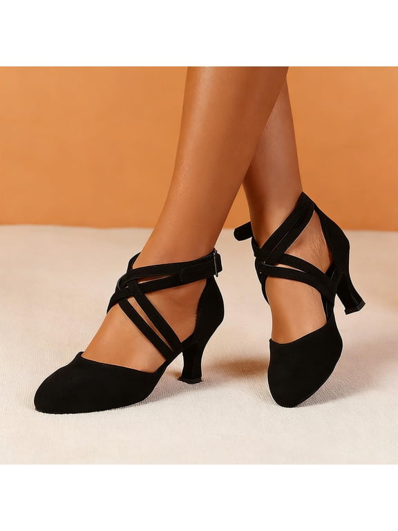 Strappy Heels for Women, Large Size Ladies' Dance Shoes, Latin Salsa Cha Ballroom, Indoor Fabric Cross Straps, Low Heels, Comfortable and Well-Fitting, In A Variety of Colors, Black 5.5
