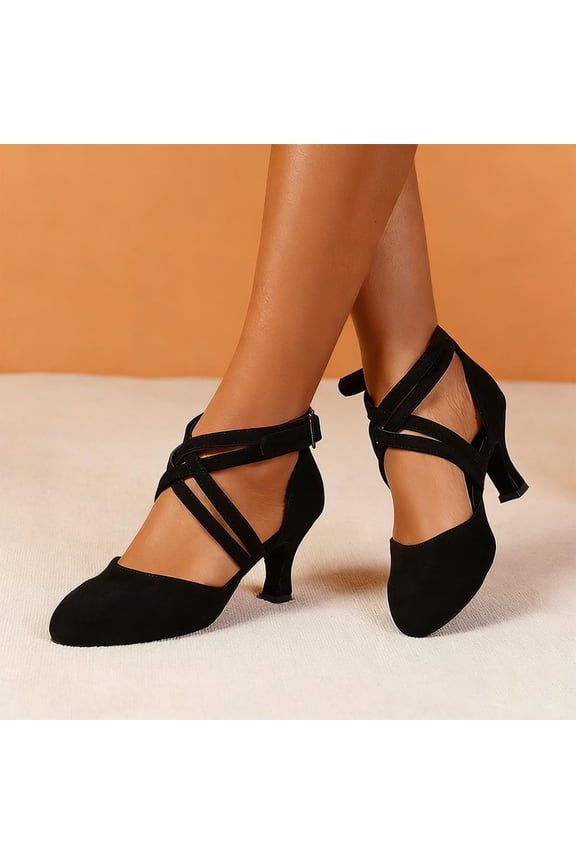 Strappy Heels for Women, Large Size Ladies' Dance Shoes, Latin Salsa Cha Ballroom, Indoor Fabric Cross Straps, Low Heels, Comfortable and Well-Fitting, In A Variety of Colors, Black 8