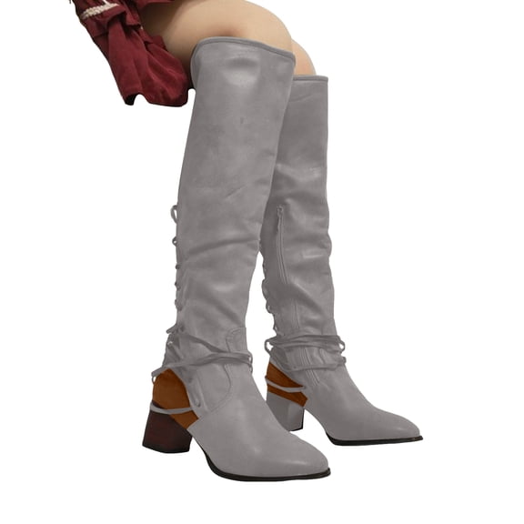 Strappy Knee High Boots Women Splice Leather Pointed Toe Chunky Heel Over the Knee Dressy Fall Winter Tall Booties