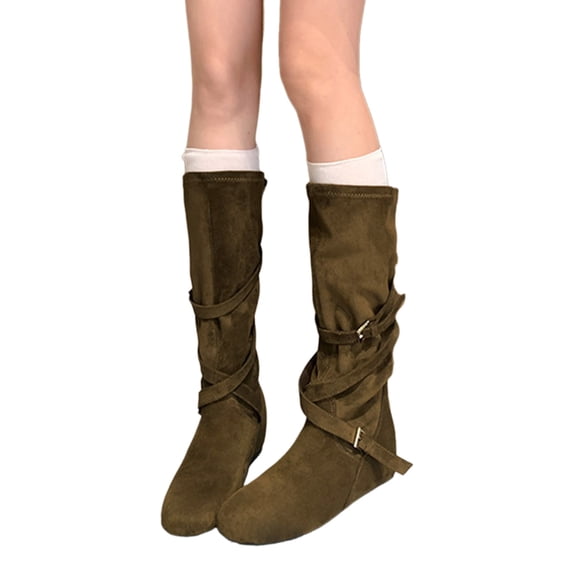 Strappy Knee High Boots Women Suede Round Toe Hidden Wedge Low Heel Mid Calf Booties Fall Winter Casual Pull on Stretch Long Boots