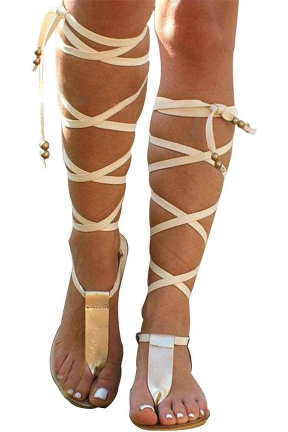 Strappy Lace Up Flat Sandals for Womens, 2026 Summer Beach Bohemia Gladiator Sandals Open Toe Knee High Flat Sandal Shoes