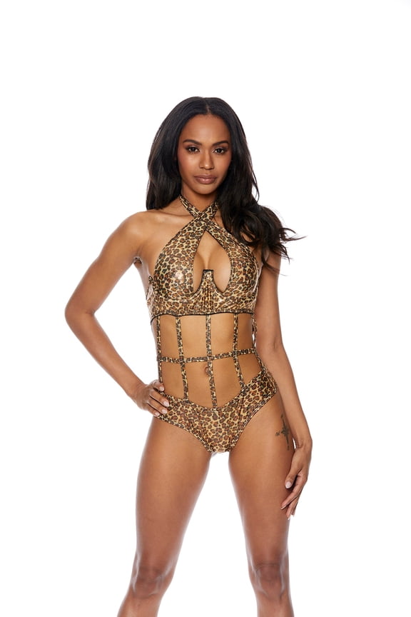 Strappy One Piece Leopard Hologram Swimwear.
