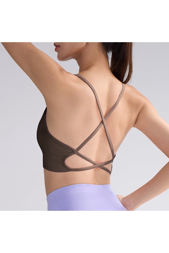 Strappy Padded Medium Support Bras, Sports Bras With Strappy Padding - Medium Support Yoga Workout Tops, Black Women's Workout Yoga Sports Bras, Black One Size, Size XS-XL