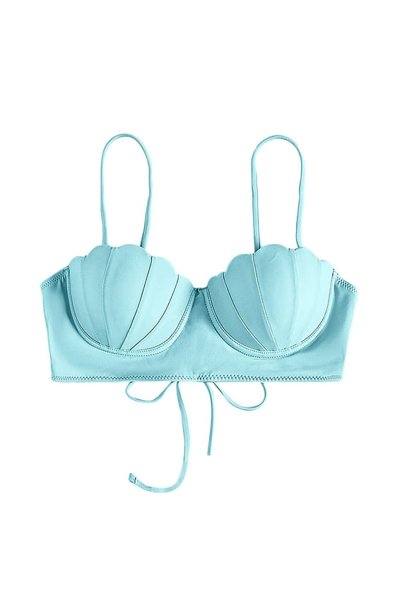 Strappy Seashell Bikini Top Push up Bathing Suit Tops for Women with Underwire Womens Swimsuit American (Blue,L)