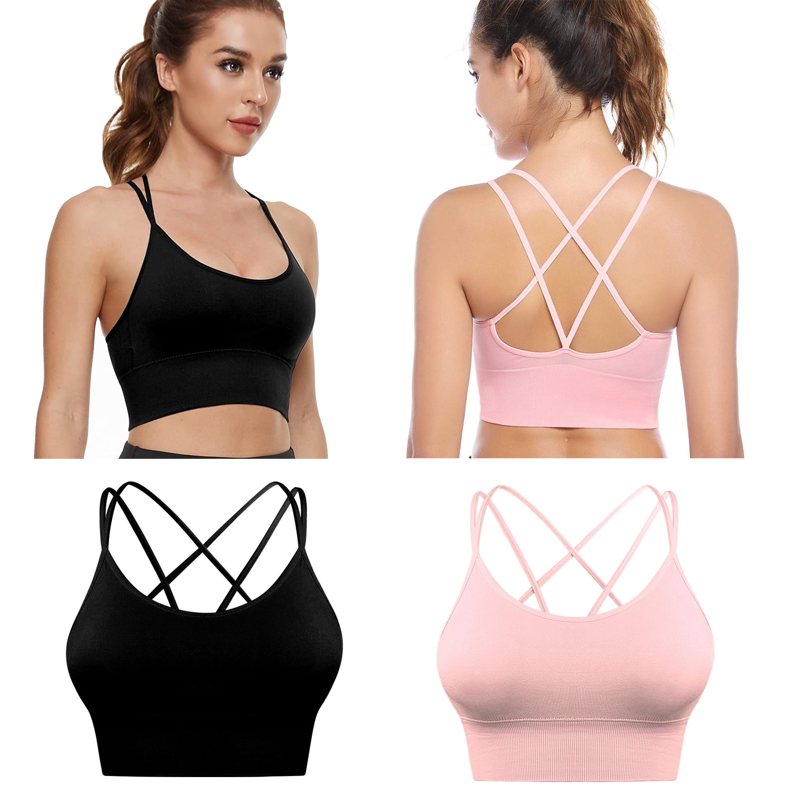 Strappy Sports Bra Sexy Bralettes For Women Criss Cross Bras Rave Top Black  Hot Pink 2 Pack M