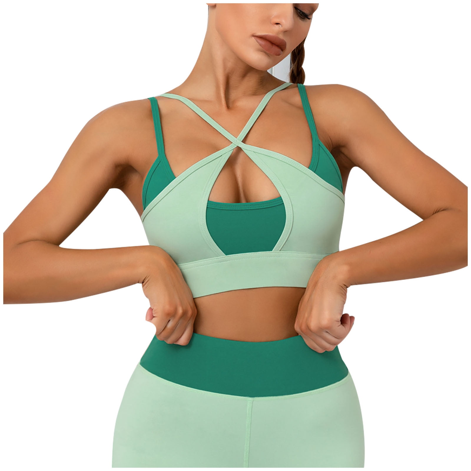 Strappy Sports Bras for Women Criss Cross Sexy Wireless Padded Yoga Bra  Color Block Workout Gym Athletic T Shirt Bra 