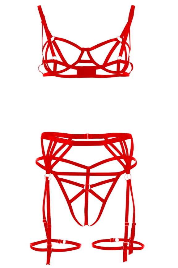 Strappy Underwire Bra And Garter Style Thong Set Adjustable Straps