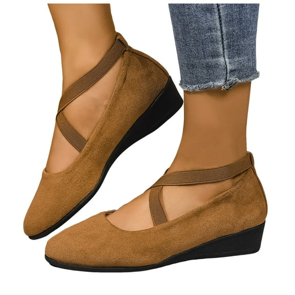 Strappy Wedges Ballet Flats for Women Fall Suede Pointed Toe Mid Heels Casual Dress Shoes Ladies