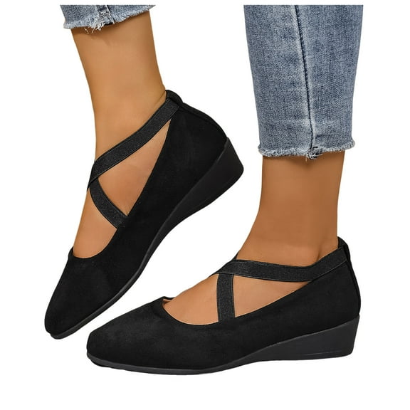 Strappy Wedges Ballet Flats for Women Fall Suede Pointed Toe Mid Heels Casual Dress Shoes Ladies
