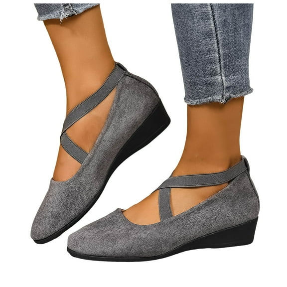 Strappy Wedges Ballet Flats for Women Fall Suede Pointed Toe Mid Heels Casual Dress Shoes Ladies