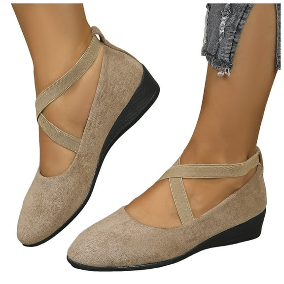 Strappy Wedges Ballet Flats for Women Fall Suede Pointed Toe Mid Heels Casual Dress Shoes Ladies