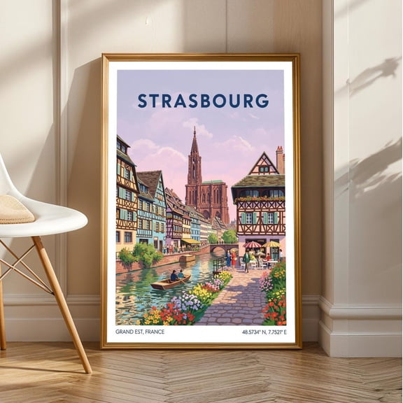 Strasbourg Half-Timbered Houses Print: Colorful French Cityscape Art, Unframed Canvas Size 12x18