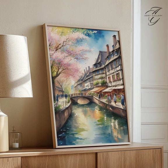 Strasbourg Petite France Art Poster: Alsace Canal Scene, Stretched Canvas Size 8x12