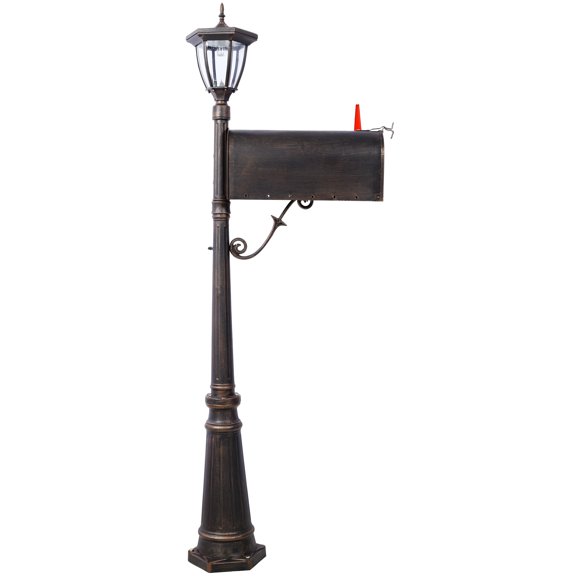 Strat Cast Aluminum Mailbox with Post and Solar Light, Decorative Modern Mailbox for Outside, Large Mail Box with Fluted Base, Brown