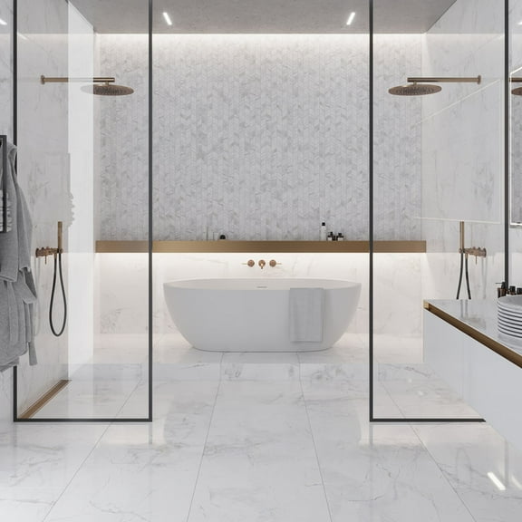 Strata 10 x 12 in. Matte Dove-Gray, White Porcelain Mosaic Chevron Wall and Floor Tile (9.88 sq ft/case) - 11 Pack