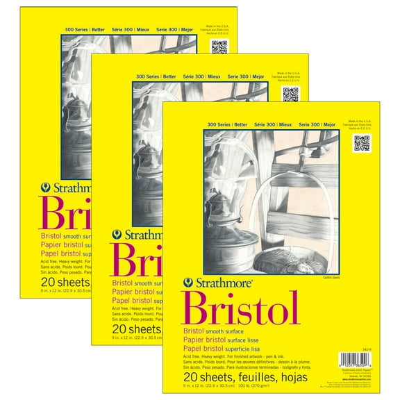 Strathmore 300 Series Bristol Pad, Smooth Finish, Tape Binding, 20 Sheet, 9x12 inch, Pack of 3