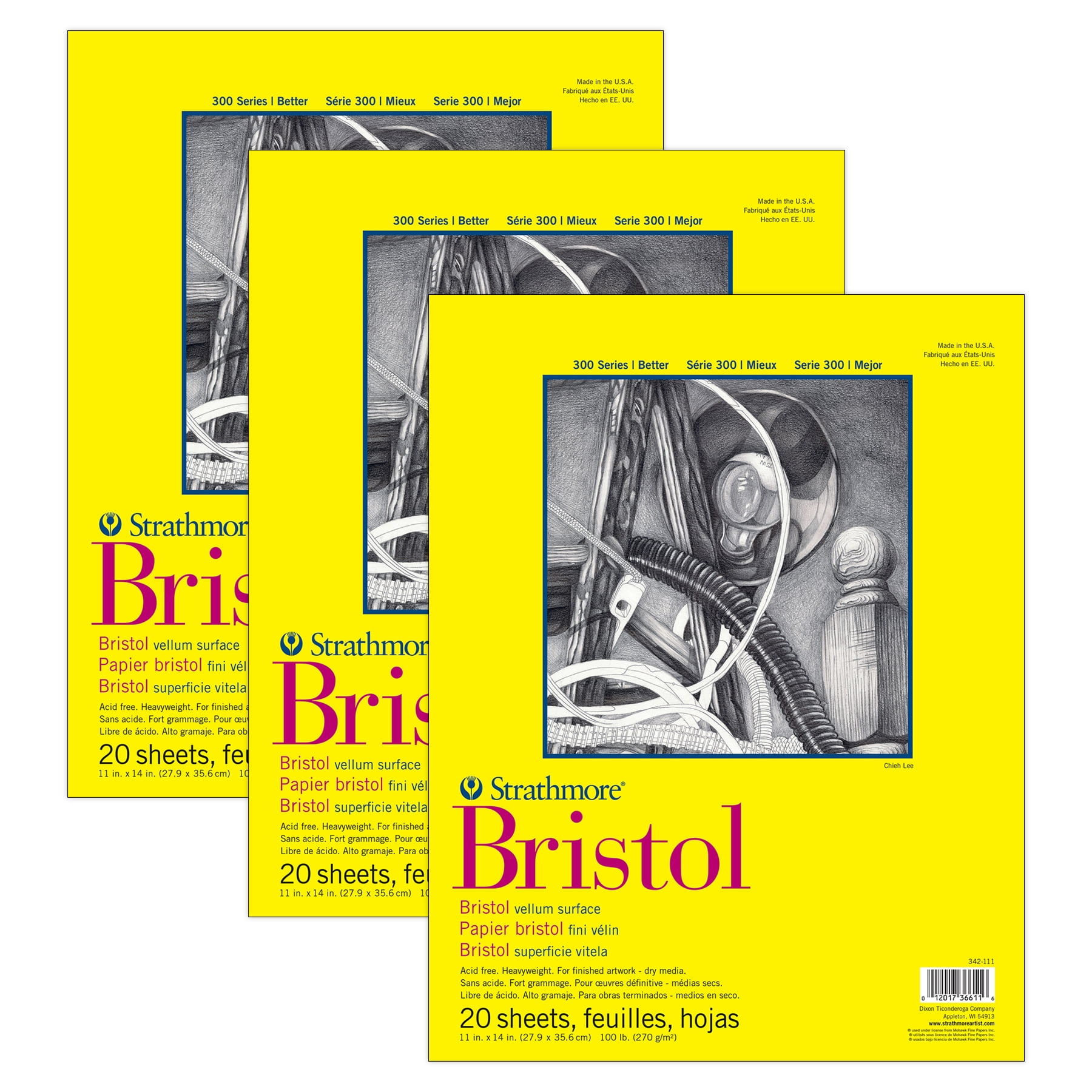 Strathmore 300 Series Bristol Pad, Vellum Finish, Tape Binding, 20 Sheet, 11x14 inch, Pack of 3