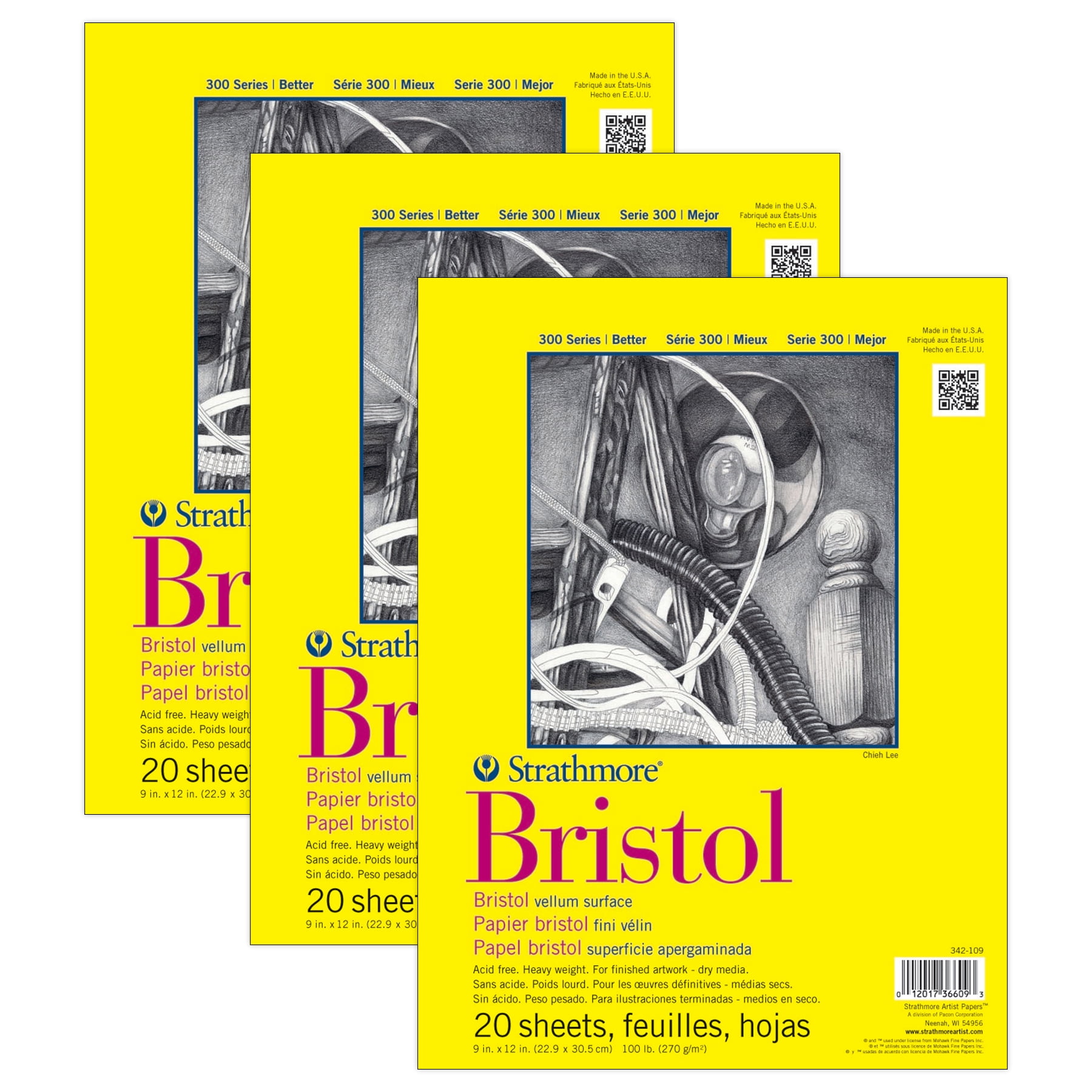 Strathmore 300 Series Bristol Pad, Vellum Finish, Tape Binding, 20 Sheet, 9x12 inch, Pack of 3