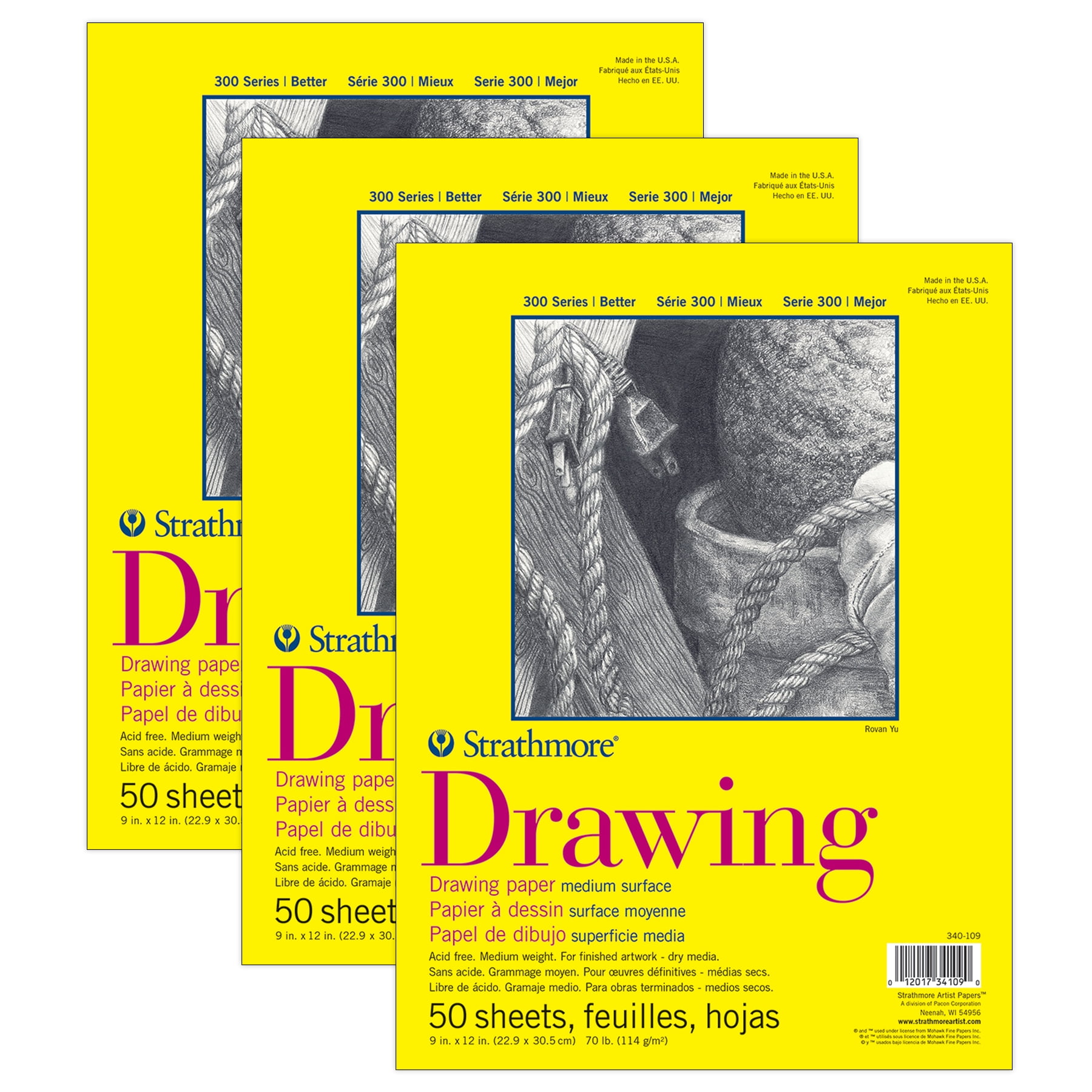 Strathmore 300 Series Drawing Pad, Glue Binding, 50 Sheet, 9x12 inch, Pack of 3