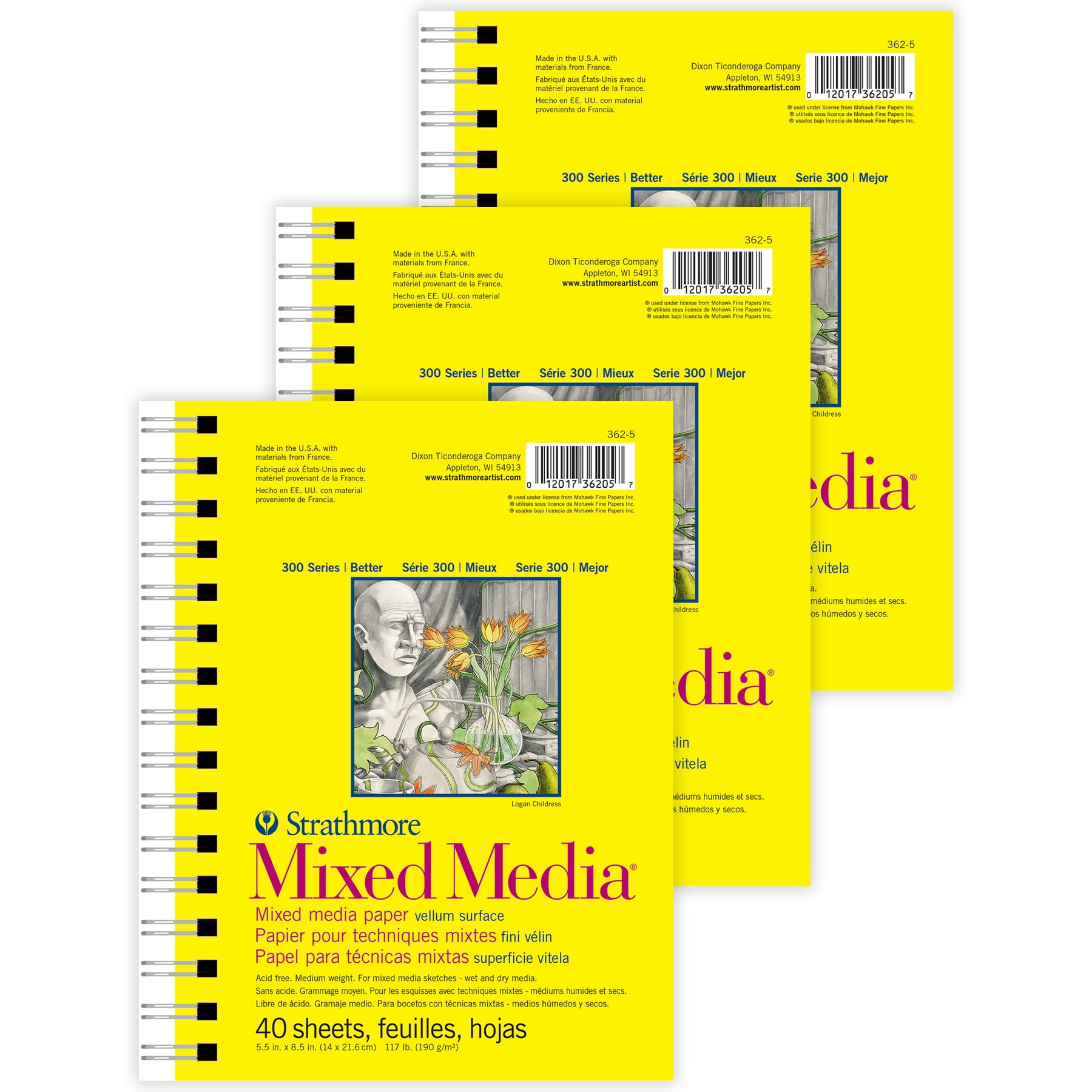 Strathmore 300 Series Mixed Media Pad, Side Wire Binding, 40 Sheet, 5.5x8.5 inch, Pack of 3