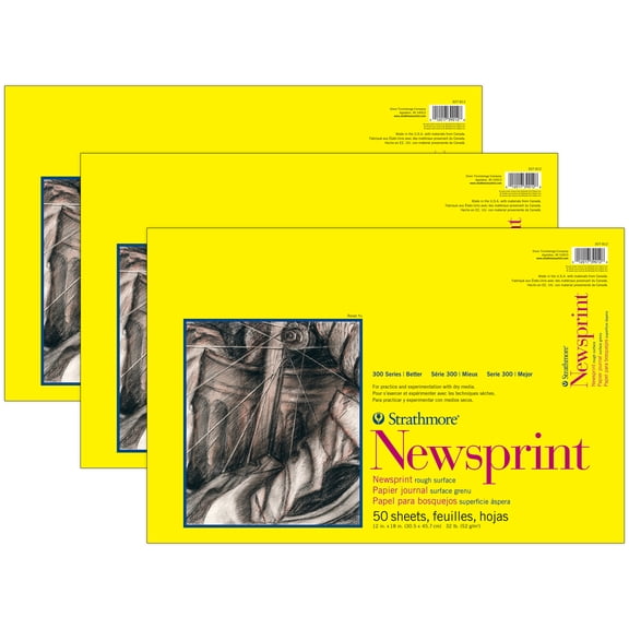 Strathmore 300 Series Newsprint Pad, Tape Binding, 50 Sheet, 12x18 inch, Pack of 3